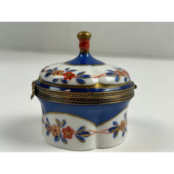 Charmat Limoges France Hand Painted Porcelain Trinket Box Floral Blue Gold - Picture 3 of 10